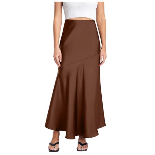 Unterrock Damen Lang, Satinrock Damen Satin Lang Seidenrock - Midirock Rock Elegant Hohe Taille Einfarbig Midi Skirt A-Linie Sommerrock Herbst Winter Business A Linie Bleistiftrock von Soupliebe