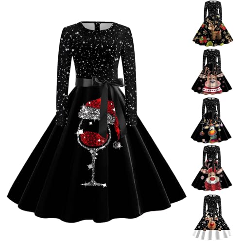 Warehouse Deals Angebote, Weihnachtskleid Damen Kleider Weihnachten Kleid - Rockabilly Weihnachtskleider Lustig Weihnachtskostüm Langarm Rundhals Cocktailkleid Midikleid Kostüm von Soupliebe