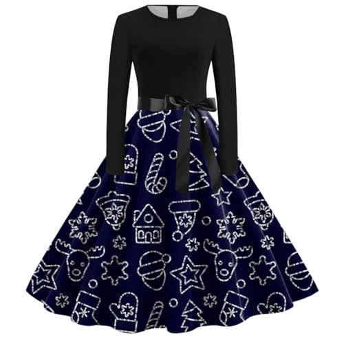 Weihnachten Kleid, Kleid Damen Weihnachten Weihnachtskleid - Rockabilly Kleider Lustig Weihnachtskleider Christmas Dress Langarm Rundhals Cocktailkleid Midikleid Kostüm von Soupliebe