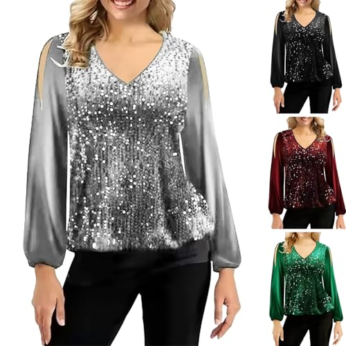 Weihnachten Sale, Glitzer Oberteile Damen Pailletten Bluse - Silvester Outfit Festliche Oberteile Langarm Top V-Ausschnitt Elegant Blusen Modern Vintage Tuniken Party Glitzeroberteil von Soupliebe