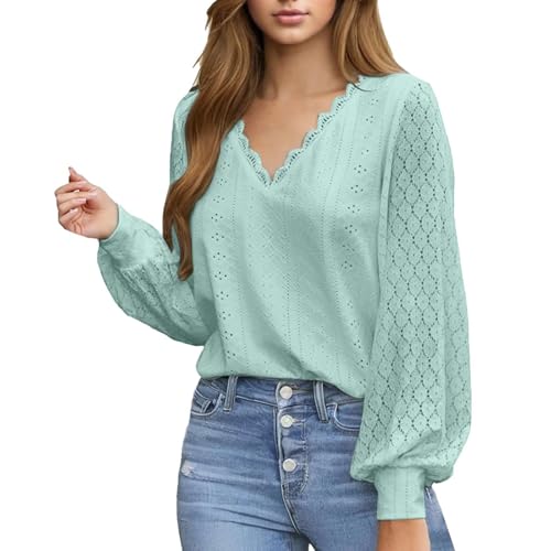 Weiße Bluse Damen, Bluse Damen V Ausschnitt Spitze Langarm Hemd - Elegant Überbackener Spitzenärmel Blusen Schickes Sexy Damenblusen Baumwolle Gebänderte Manschetten Trachtenbluse von Soupliebe