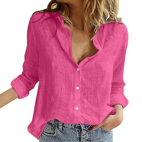 Weiße Bluse Damen, Musselin Bluse Damen Langarm Leinen Hemd - Elegant V-Ausschnitt Hemden Button Down Roll Up Ärmel Hemdbluse Revers Kragen Longbluse Einfarbig Damenblusen von Soupliebe