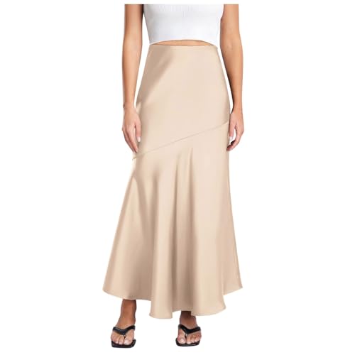 Winterrock Damen, Satinrock Damen Midi Satin Unterrock - Rock Lang Hohe Taille Skirt Elegant Seide Midirock Rüsche Lange Maxirock Einfarbige Meerjungfrau Formale Partyrock von Soupliebe