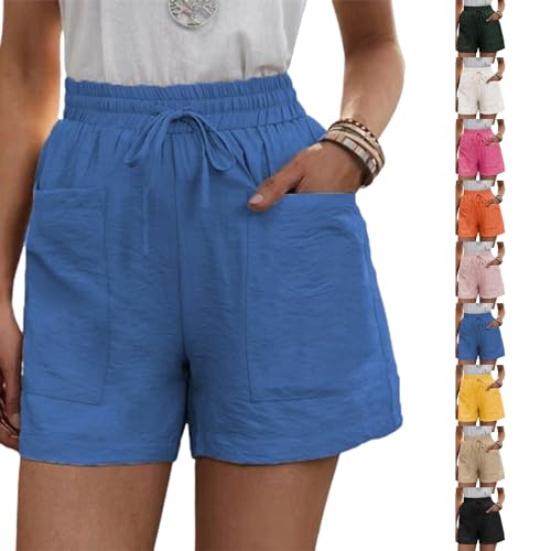 Solide lockere lässige Kurze Hose mit Zwei Taschen, Damen-Shorts aus Baumwollleinen mit Kordelzug Elastischem Bund und Taschen (2XL,Blue) von Sovtay