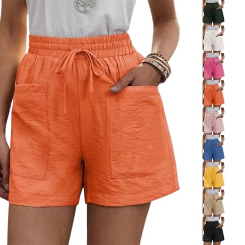 Solide lockere lässige Kurze Hose mit Zwei Taschen, Damen-Shorts aus Baumwollleinen mit Kordelzug Elastischem Bund und Taschen (2XL,Orange) von Sovtay