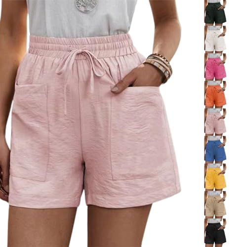 Solide lockere lässige Kurze Hose mit Zwei Taschen, Damen-Shorts aus Baumwollleinen mit Kordelzug Elastischem Bund und Taschen (3XL,Pink) von Sovtay