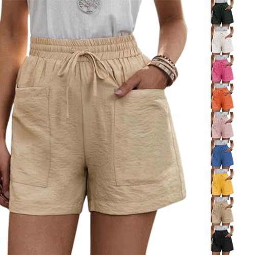 Solide lockere lässige Kurze Hose mit Zwei Taschen, Damen-Shorts aus Baumwollleinen mit Kordelzug Elastischem Bund und Taschen (4XL,Apricot) von Sovtay
