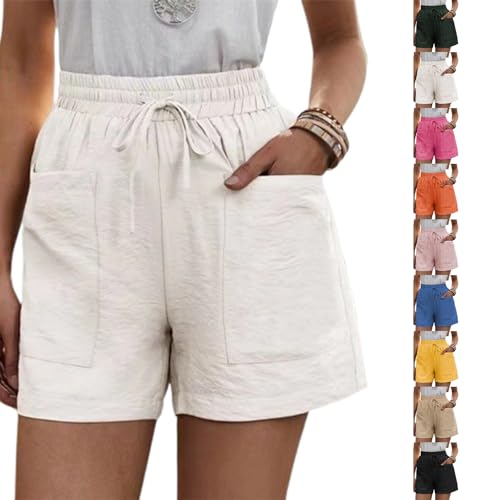 Solide lockere lässige Kurze Hose mit Zwei Taschen, Damen-Shorts aus Baumwollleinen mit Kordelzug Elastischem Bund und Taschen (5XL,White) von Sovtay