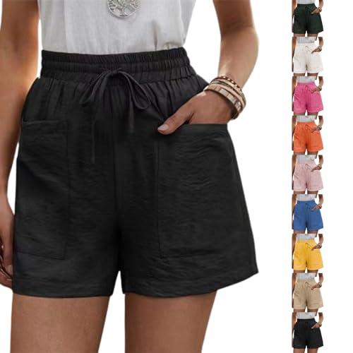 Solide lockere lässige Kurze Hose mit Zwei Taschen, Damen-Shorts aus Baumwollleinen mit Kordelzug Elastischem Bund und Taschen (L,Black) von Sovtay