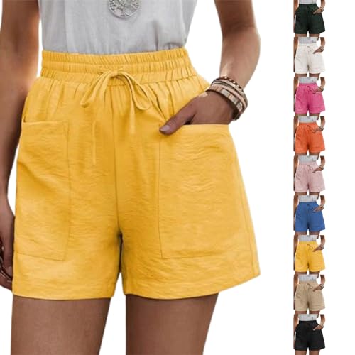 Solide lockere lässige Kurze Hose mit Zwei Taschen, Damen-Shorts aus Baumwollleinen mit Kordelzug Elastischem Bund und Taschen (XL,Yellow) von Sovtay