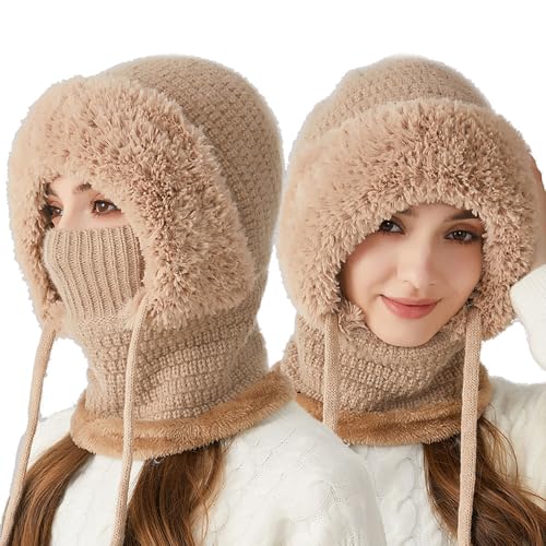 Sovtay 3-in-1 Winter Balaclava für Frauen, Balaclava Wintermütze, Women's Outdoors Winddichtes Halstuch Hut (Khaki,Einheitsgröße) von Sovtay