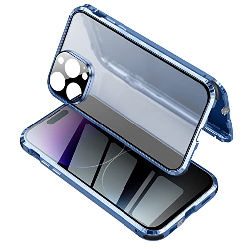 Soyeacrg Anti-Peep-Schutzhülle für iPhone 14 Pro Max/14 Pro/14 Plus/14, doppelseitiges gehärtetes Glas, magnetische Adsorptions-Metallrahmen, Objektivschutz, verbesserter Airbag, Blau, 14 Plus von Soyeacrg