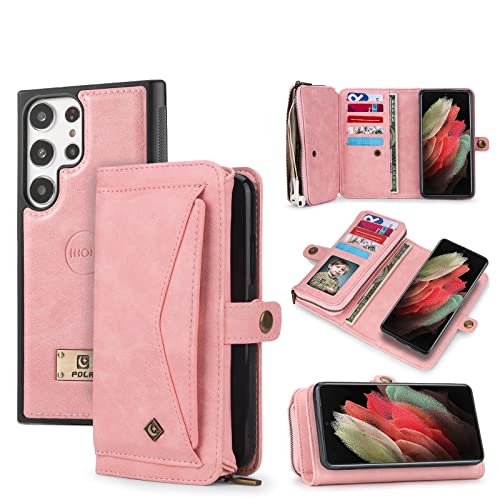 Soyeacrg Brieftaschen-Hülle für Samsung Galaxy S24 Ultra/S24 Plus/S24, unterstützt kabelloses Laden, Leder-Reißverschluss, Kartenhalter, 2-in-1, abnehmbare magnetische Hülle,Pink,S24 Plus von Soyeacrg