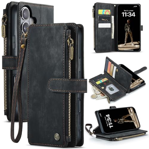 Soyeacrg Brieftaschen-Hülle für iPhone 16 Pro Max/16 Pro/16 Plus/16, 2-in-1 magnetische, abnehmbare Retro-PU-Leder-Reißverschluss-Geldbörse, Flip-Ständer, stoßfeste Hülle,Black,16 Plus von Soyeacrg