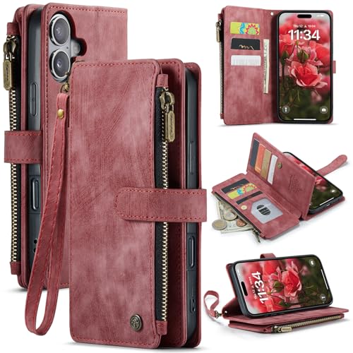 Soyeacrg Brieftaschen-Hülle für iPhone 16 Pro Max/16 Pro/16 Plus/16, 2-in-1 magnetische, abnehmbare Retro-PU-Leder-Reißverschluss-Geldbörse, Flip-Ständer, stoßfeste Hülle,Red,16 Pro von Soyeacrg