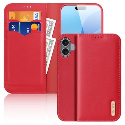 Soyeacrg Brieftaschen-Hülle für iPhone 16 Pro Max/16 Pro/16 Plus/16, RFID-blockierendes echtes Rindsleder, magnetisches Folio Flip Ständer TPU stoßfeste Hülle mit Kartenhalter,Red,16 Plus von Soyeacrg