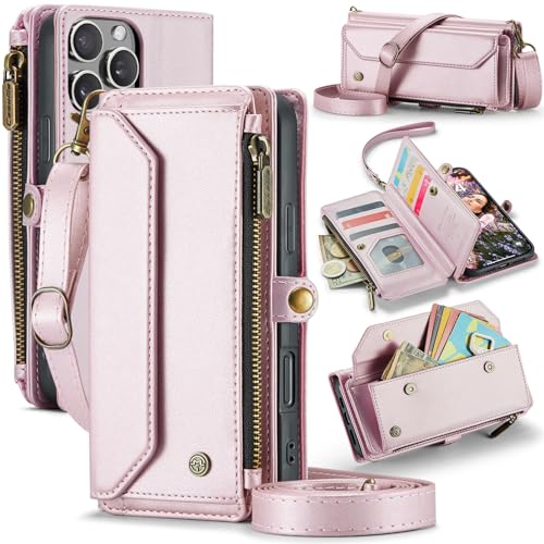 Soyeacrg Crossbody-Brieftaschenhülle für iPhone 16 Pro Max/16 Pro/16 Plus/16, RFID-blockierende Kartenhülle aus PU-Leder mit Schultergurt, Reißverschluss, Geldbörse, Ständer,Pink,16 Pro Max von Soyeacrg