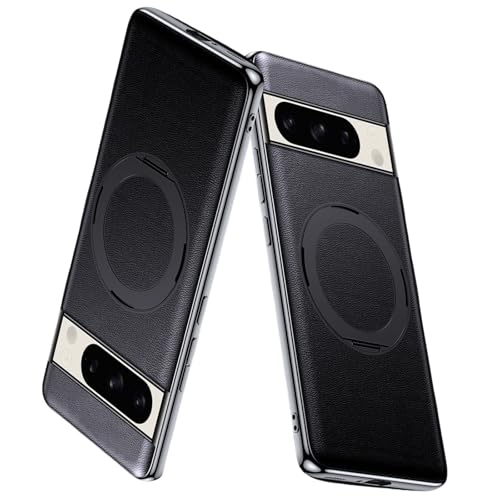 Soyeacrg Echtlederhülle für Google Pixel 7 Pro/7, kompatibel mit MagSafe, 360° drehbarer Magnetständer, galvanisierter Rahmen, schlankes, minimalistisches Slim-Case,Black,7 Pro von Soyeacrg