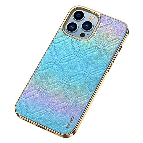 Soyeacrg Hülle für iPhone 14/14 Plus/14 Pro/14 Pro Max, Mädchen Frauen Schlanke Luxus Vergoldung Weicher TPU Rand 3D Stich Designer Leder Rückseite Farbverlauf Bunte Schutzhülle,Blue,14 Pro von Soyeacrg