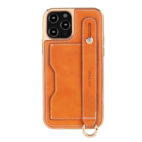 Soyeacrg Hülle für iPhone 15 Pro Max/15 Pro/15 Plus/15, Luxus Leder Galvanisiertes Goldrahmen Mikrofaser Futter Hülle mit Kartenhalter & Handschlaufe & Lanyard & Stand & Finger Ring, Orange, 15 Pro von Soyeacrg