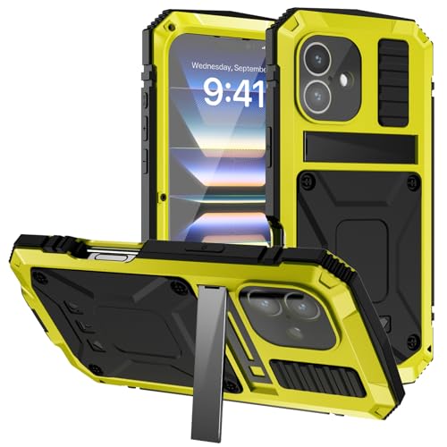 Soyeacrg Hülle für iPhone 16 Pro Max/16 Pro/16 Plus/16, Outdoor-Hochleistungs-Aluminium-Metall, 3-lagige Upgrade-Hülle mit vollständiger Abdeckung und integriertem Displayschutz,Yellow,16 Plus von Soyeacrg