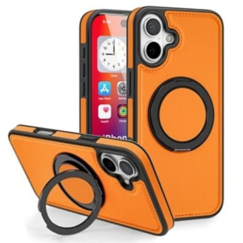 Soyeacrg Hülle für iPhone 16 Pro Max/16 Pro/16 Plus/16, kompatibel mit MagSafe, ultradünne, schlanke, leichte, Kratzfeste Lederhülle mit um 360° drehbarem Ringständer,Orange,16 von Soyeacrg