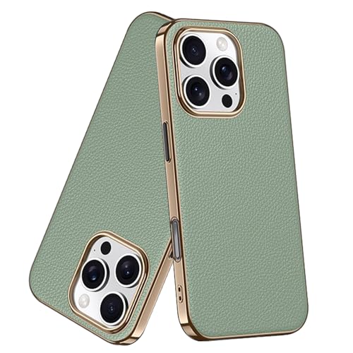 Soyeacrg Hülle für iPhone iPhone 16 Pro Max/16 Pro/16, Premium-Lychee-strukturiertes Echtleder, schlanker, luxuriöser galvanisierter Rahmen, Kameraobjektivschutz, stoßfeste Hülle,Green,16 Pro Max von Soyeacrg