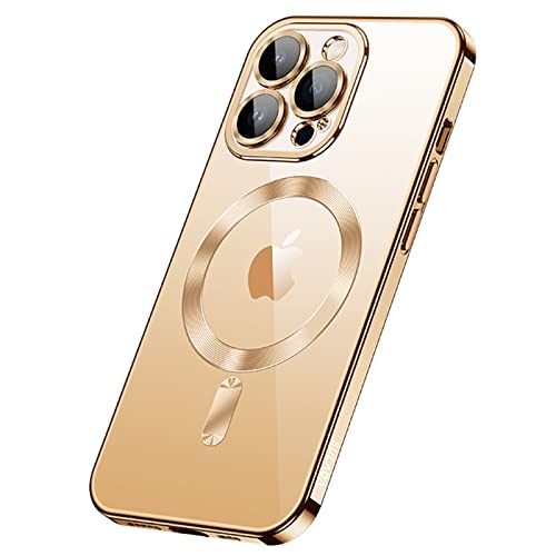 Soyeacrg Magnetisch Hülle für iPhone 14/14 Plus/14 Pro/14 Pro Max,[Kompatibel mit Magsaf][Nie Gelb] Weiche TPU Electro-Plating Bumper Transparent PC Rückseite mit Objektivschutz,Gold,14 Pro Max von Soyeacrg