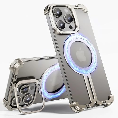 Soyeacrg Magnetische, rahmenlose Metallhülle für iPhone 15 Pro Max/15 Pro, kompatibel mit MagSafe, ultraleichte, schlanke, dünne Schutzhülle mit verstellbarem Linsenständer,Titanium,15 Pro Max von Soyeacrg