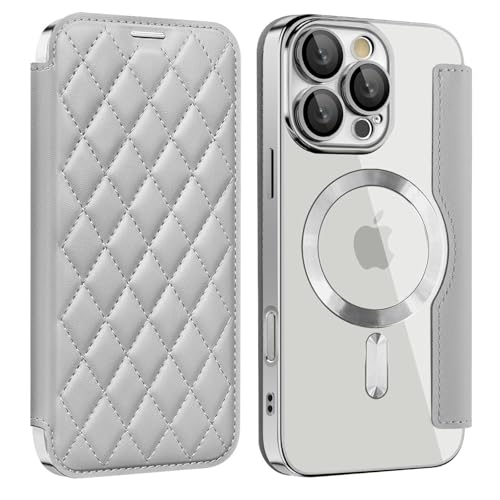 Soyeacrg Magnetische Hülle für iPhone iPhone 16 Pro Max/16 Pro/16 Plus/16, kompatibel mit Magsafe, transparente Rückseite, Brieftaschen-Hülle mit RFID-blockierendem Kartenhalter,Gray,16 Pro von Soyeacrg