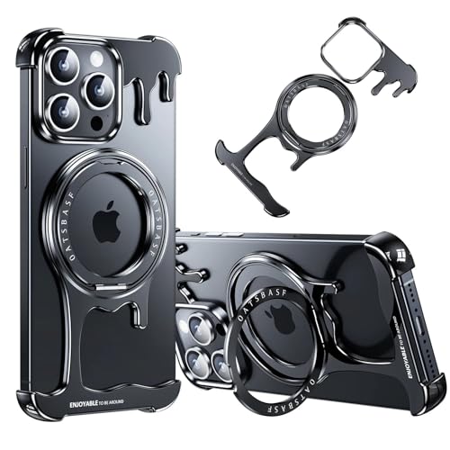 Soyeacrg Magnetische Vollmetallhülle für iPhone 15 Pro Max/15 Pro, kompatibel mit MagSafe, ultraleichte, schlanke, rahmenlose Hülle im Hohldesign mit 360° drehbarem Ständer,Black,15 Pro Max von Soyeacrg