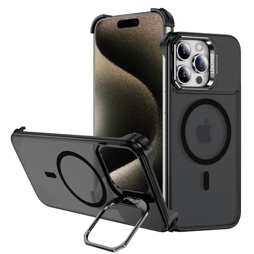 Soyeacrg Metallhülle für iPhone 15/15 Plus/15 Pro/15 Pro Max, kompatibel mit MagSafe, schlanke und leichte Hülle mit Fallschutz, Matte PC-Rückseite mit integriertem Ständer,Black,15 Pro von Soyeacrg