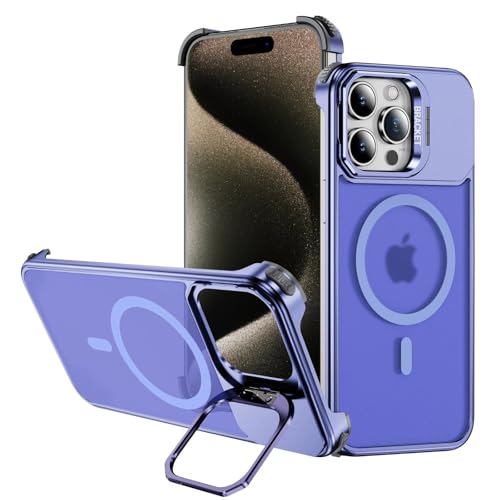 Soyeacrg Metallhülle für iPhone 15/15 Plus/15 Pro/15 Pro Max, kompatibel mit MagSafe, schlanke und leichte Hülle mit Fallschutz, Matte PC-Rückseite mit integriertem Ständer,Lilac,15 von Soyeacrg