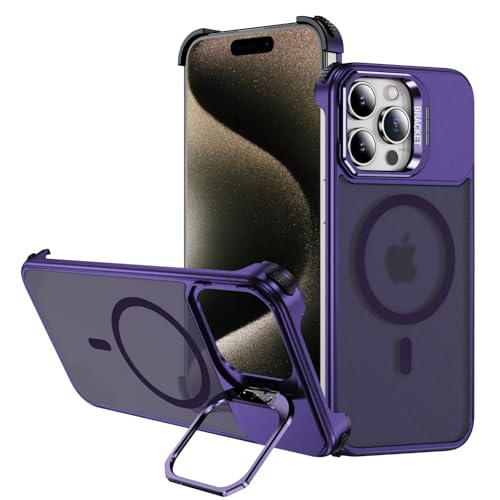 Soyeacrg Metallhülle für iPhone 15/15 Plus/15 Pro/15 Pro Max, kompatibel mit MagSafe, schlanke und leichte Hülle mit Fallschutz, Matte PC-Rückseite mit integriertem Ständer,Purple,15 von Soyeacrg