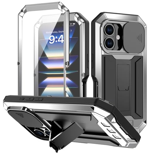 Soyeacrg Metallhülle für iPhone 16 Pro Max/16 Pro/16 Plus/16, Schiebekameraschutz, robuste 3-lagige Upgrade-Hülle mit vollständiger Abdeckung und integriertem Displayschutz,Silver,16 Plus von Soyeacrg