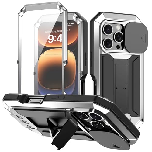 Soyeacrg Metallhülle für iPhone 16 Pro Max/16 Pro/16 Plus/16, Schiebekameraschutz, robuste 3-lagige Upgrade-Hülle mit vollständiger Abdeckung und integriertem Displayschutz,Silver,16 Pro von Soyeacrg