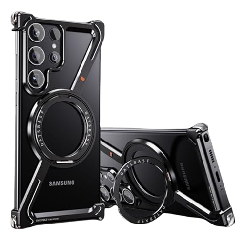 Soyeacrg Rahmenlose Metallhülle für Samsung Galaxy S24 Ultra/S24 Plus/S24, kompatibel mit MagSafe, 360° drehbarer Ständer, Keine Rückplatte, ultradünne, leichte magnetische Hülle,Black,S24 von Soyeacrg