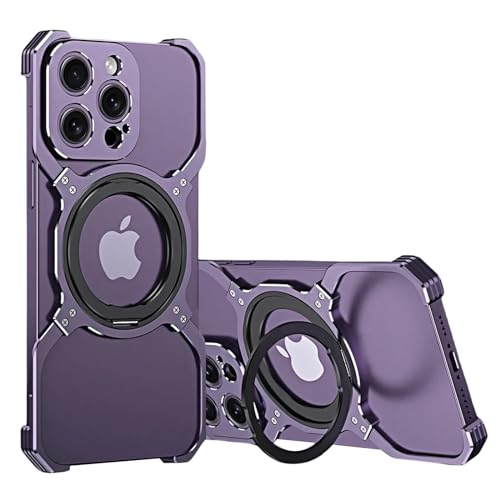 Soyeacrg Rahmenlose Metallhülle für iPhone 14 Pro Max/14 Pro/14, kompatibel mit MagSafe, stoßfeste Hülle in Militärqualität mit ultimativer Haltbarkeit und 360° drehbarem Ständer,Purple,14 Pro von Soyeacrg