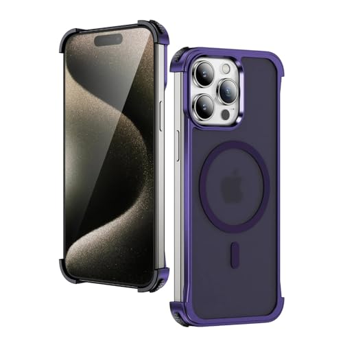 Soyeacrg Rahmenlose Metallhülle für iPhone 15/15 Pro/15 Pro Max, kompatibel mit MagSafe, schlanke und leichte Hülle mit Matter PC-Rückseite und Fallschutz in Militärqualität,Purple,15 Pro von Soyeacrg