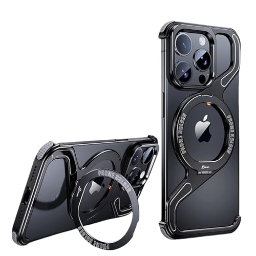 Soyeacrg Rahmenlose Metallhülle für iPhone 15 Pro Max/15 Pro/15, kompatibel mit Magsafe, eingebautem magnetischem Ständer, Wärmeableitung, ultraleichte Hülle aus Aluminiumlegierung,Black,15 von Soyeacrg