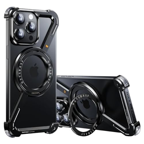 Soyeacrg Rahmenlose Metallhülle für iPhone 15 Pro Max/15 Pro/15 Plus/15, kompatibel mit MagSafe, 360° drehbarer Ständer, kein Rückplatten-Design, ultradünne, leichte Magnethülle,Black,15 Plus von Soyeacrg