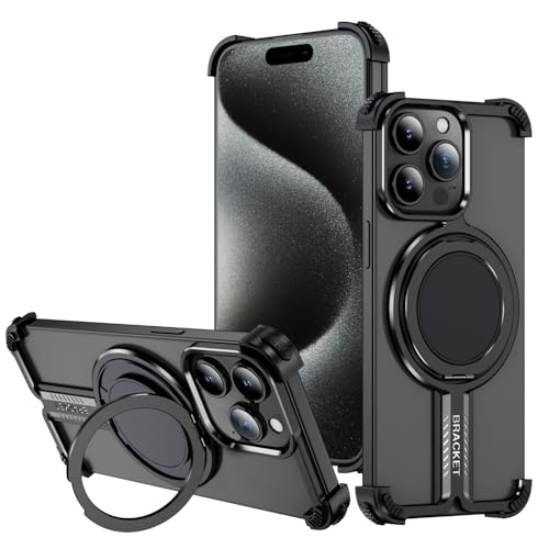 Soyeacrg Rahmenlose Metallhülle für iPhone 15 Pro Max/15 Pro/15 Plus/15, kompatibel mit MagSafe, Ultraleichte, stoßfeste Magnethülle mit um 360° drehbarem Ständer,Black,15 Pro Max von Soyeacrg