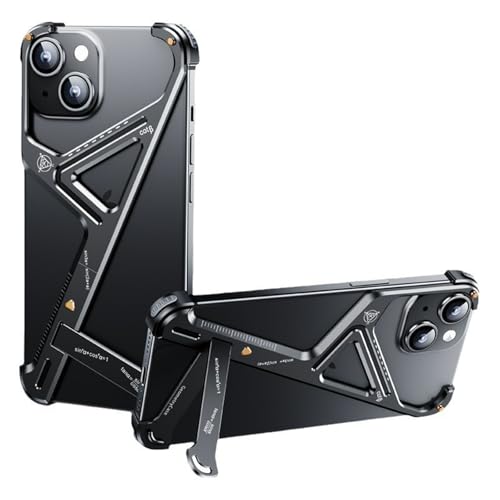 Soyeacrg Rahmenlose Metallhülle für iPhone 15 Pro Max/15 Pro/15 Plus/15, ultraleichte geometrische Aluminiumlegierung, schlanke, minimalistische Hülle mit unsichtbarem Ständer,Black,15 Pro Max von Soyeacrg