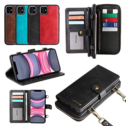 Soyeacrg Schutzhülle für iPhone 11 Pro Max/11 Pro/11, Schutzhülle mit Reißverschluss, Brieftasche mit magnetischer, abnehmbarer Schutzhülle, Premium-PU-Leder mit Kartenfach/Standfunktion, Schwarz, 11 von Soyeacrg