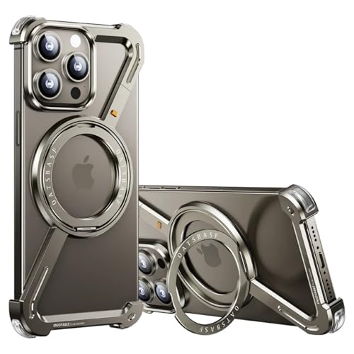 Soyeacrg Z-förmige rahmenlose Metallhülle für iPhone 15 Pro Max/15 Pro/15, kompatibel mit MagSafe, 360° drehbarer Ständer, mit einem klick abnehmbar, leicht und hautfreundlich,Titanium,15 Pro Max von Soyeacrg