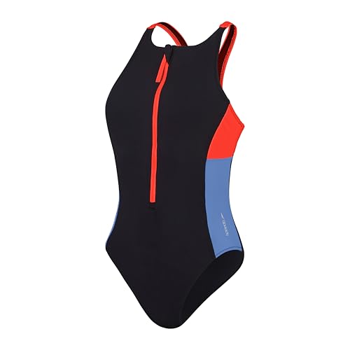 Speedo Colourblock Badeanzug mit Reißverschluss Fitnessschwimmen Stilvolles Design Weiches Hautgefühl für Damen, Drachenfeuer, S von Speedo