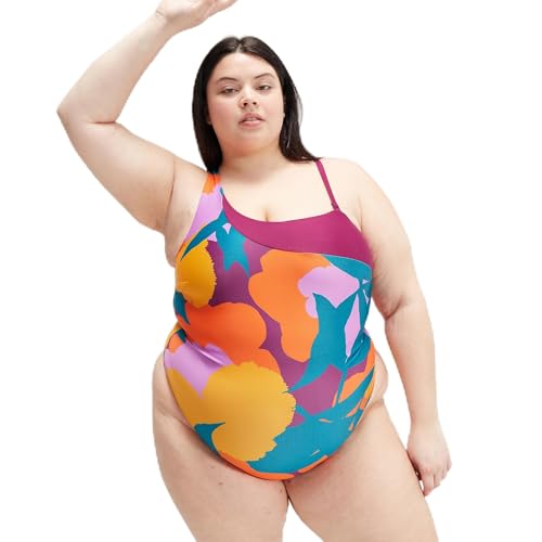 Speedo Damen Printed Asymmetric Plus size 1pce Badeanzug, Ocean Depths/Mango/Carrot Cake/Neon-Violett/Berry Cool, 44 von Speedo