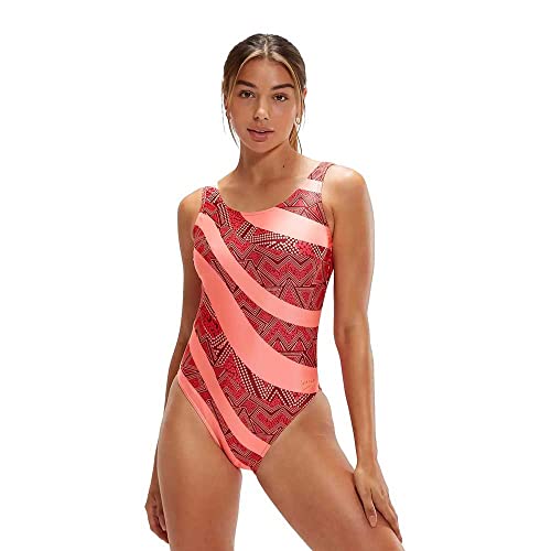 Speedo Damen Printed Deep U-Back Badeanzug, Oxblood/Soft Coral, 32 von Speedo