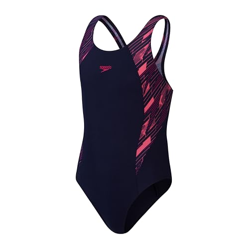 Speedo HyperBoom Splice Muscleback Badeanzug Schwimmtraining Chlorbeständig für Mädchen, Echtes Marineblau/Elektrisches Pink/Fandango Pink, 7-8 Jahre von Speedo