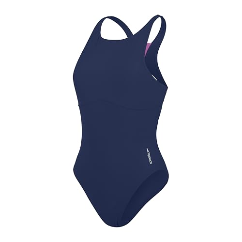 Speedo Einfarbiger Highneck Badeanzug Fitness Weiches Hautgefühl Premium-Schwimmbekleidung für Damen, Himmelblau, XS von Speedo
